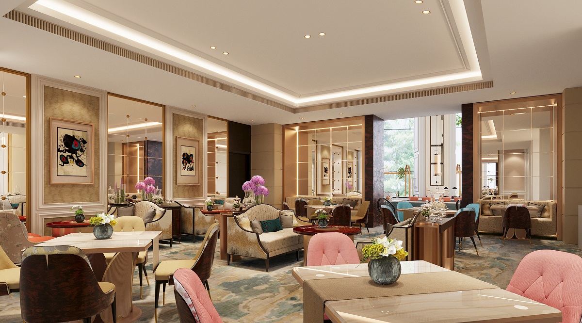 render of tearoom design at St Regis with tables and seating
