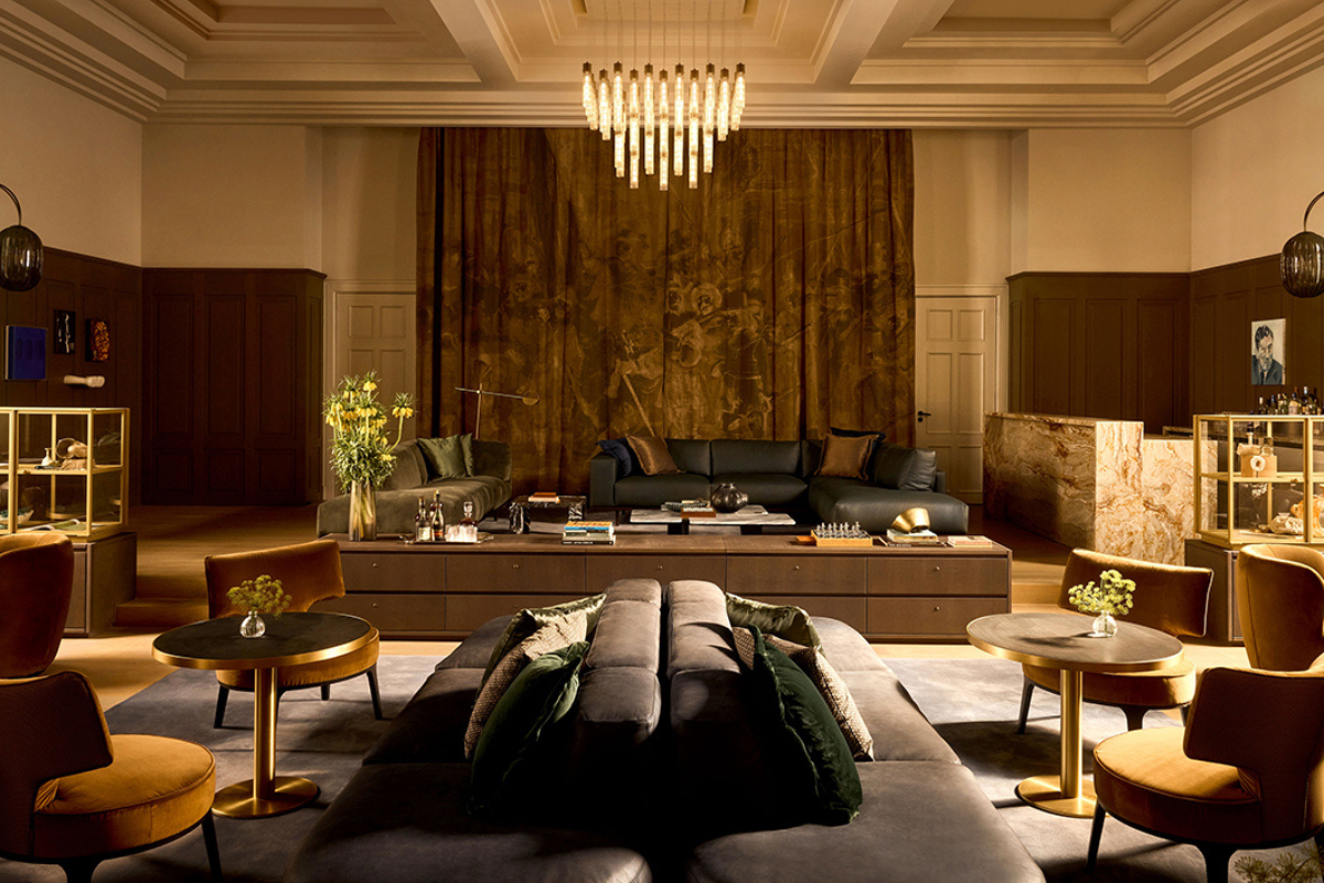 Rosewood Amsterdam lounge area, designed by Studio Piet Boon. Tapestry covers back wall.