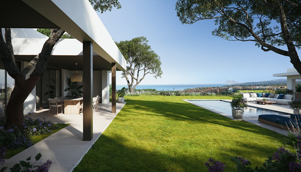 view from private villa across pool and fields in San Roque