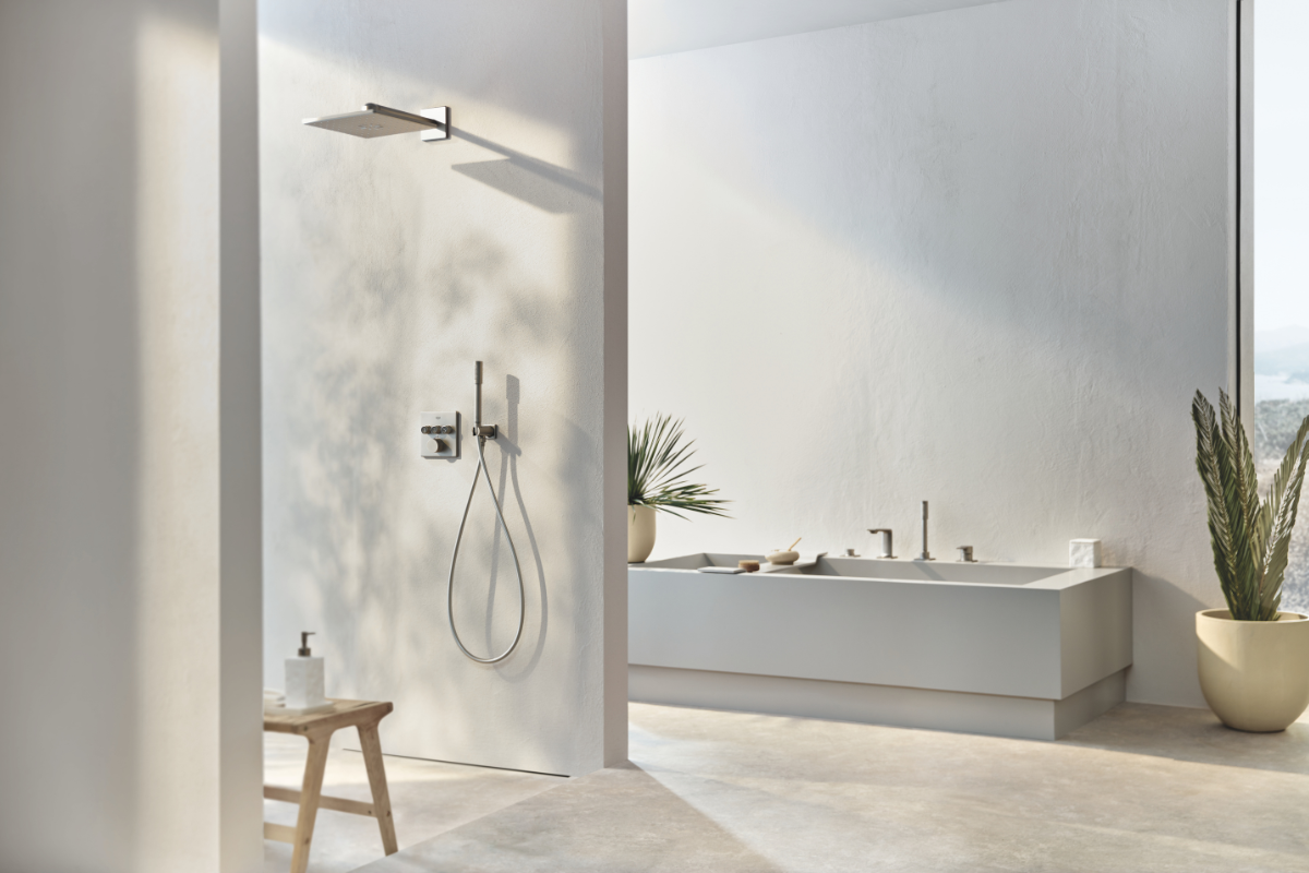 GROHE Allure shower head and taps in Satin steel