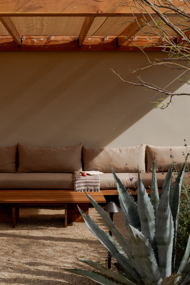 Covered outdoor seating area with built in sofa and aloe vera plant, in Hotel Wren by Manola Studio