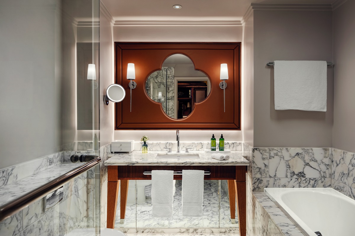 grey and white marble bathroom with period detail
