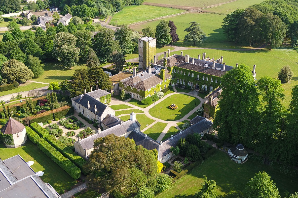 aerial drone image of Lucknam Park hotel and spa