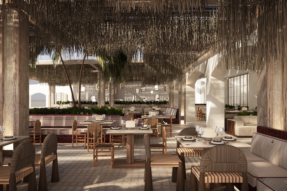 palm roof and wooden furniture in Destino Five Ibiza Hotel_Cielo 3