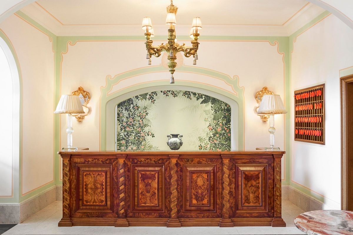 carved wooden reception desk in Splendido Portofino