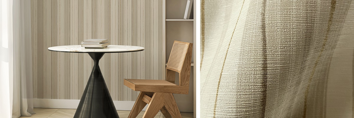 table and chair in front of Eri Stripe wllcovering