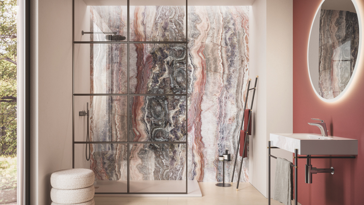 Ceramic tiles in bathroom, rust marble effect