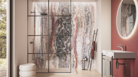 Ceramic tiles in bathroom, rust marble effect