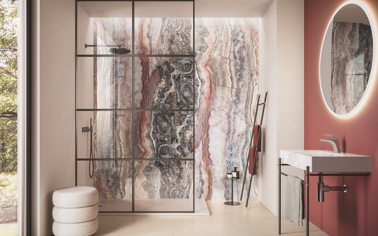 Ceramic tiles in bathroom, rust marble effect