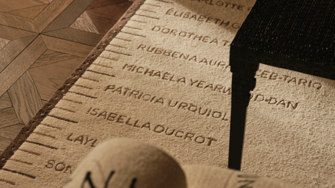 STARK rug designed by Spinocchia Freund. Cream rug with names of female designers and artists listed along the edge