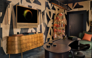 Phillip Jeffries Study by Staffan Tollgard, black and white geometric walls lined with wood veneer
