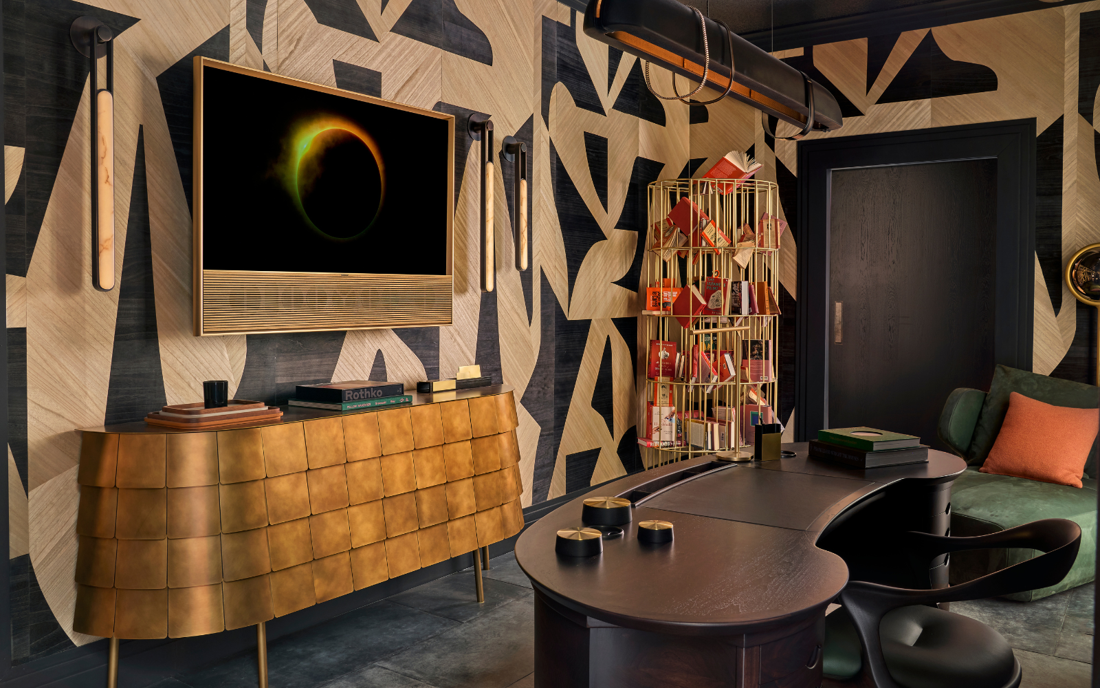 Phillip Jeffries Study by Staffan Tollgard, black and white geometric walls lined with wood veneer