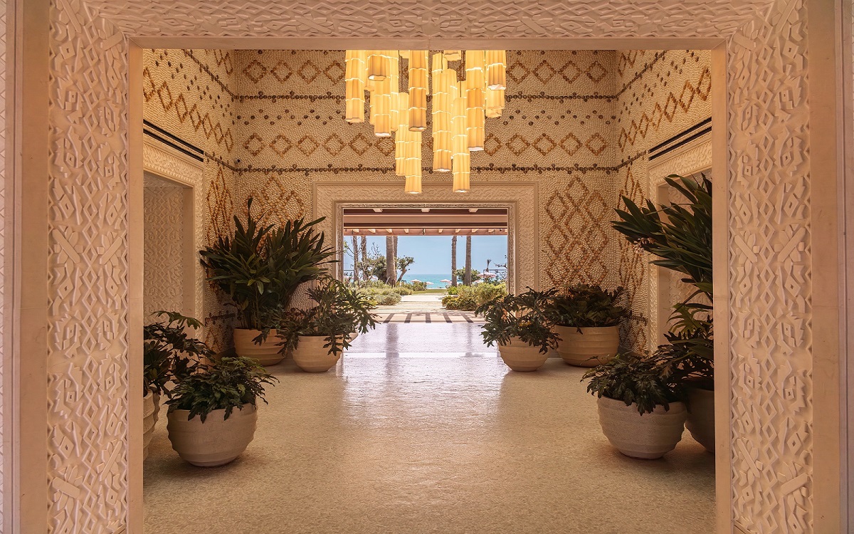 detailed shell mural and bespoke feature light in lobby of Royal Mansour Tamuda Bay