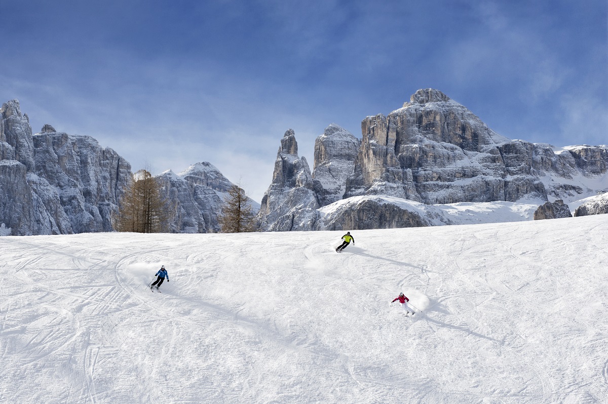 snow covered ski slopes at Rosa Alpina, Italy - Dolomites in Winter