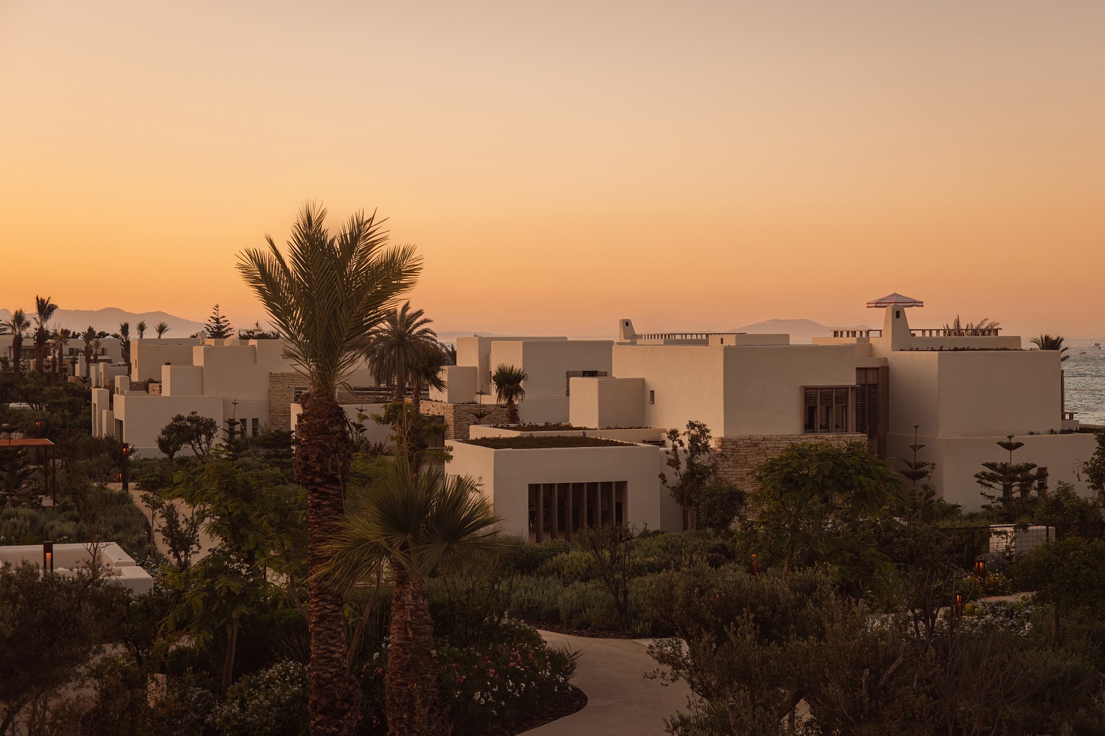 sunset and palm trees over Royal Mansour Tamuda Bay