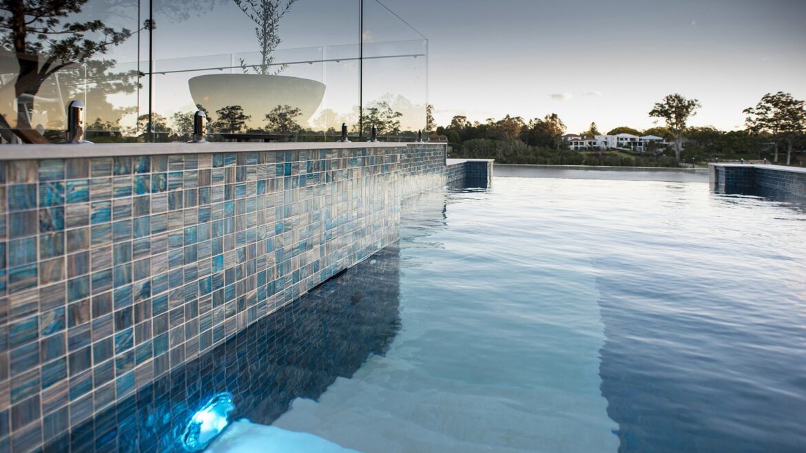 detail of blue mosaic tiles from TREND on swimming pool