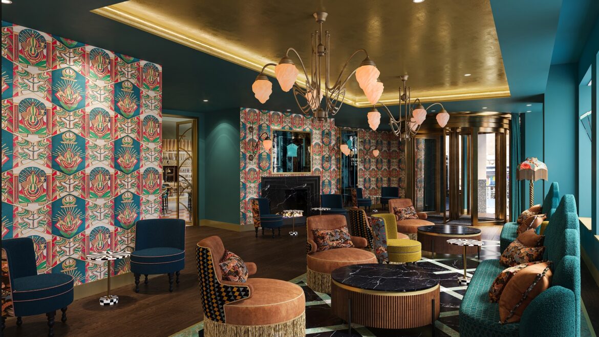 gold and blue ceiling in lobby of The Other House Covent Garden