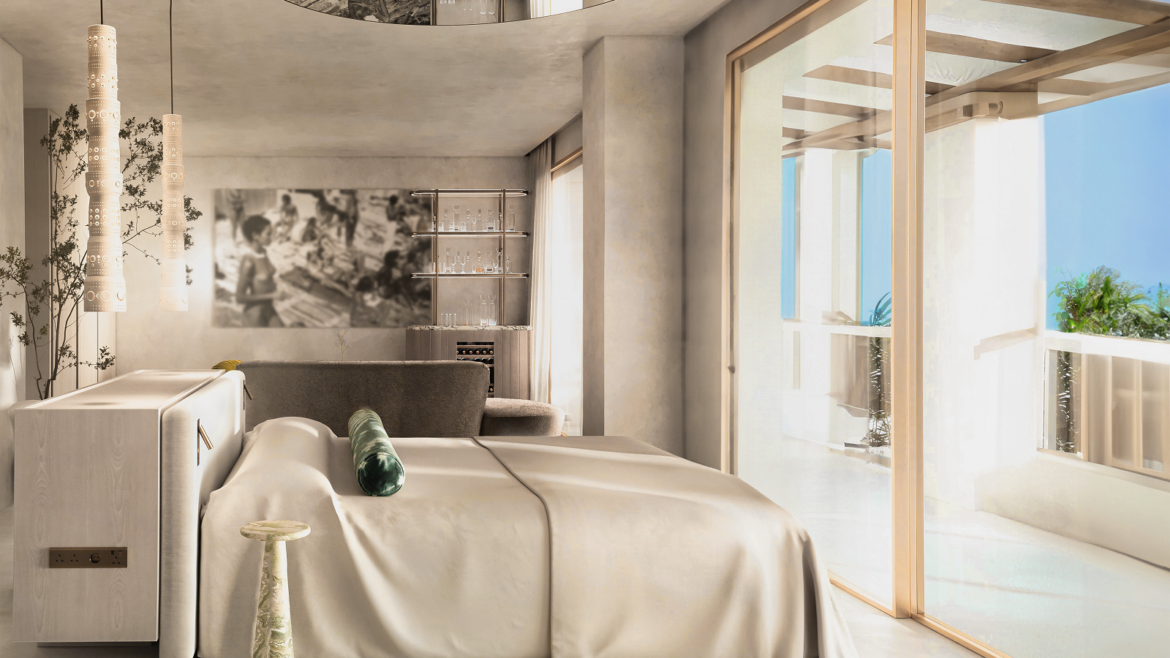 cream and monochrome bedroom design with sea view at Destino Five Ibiza