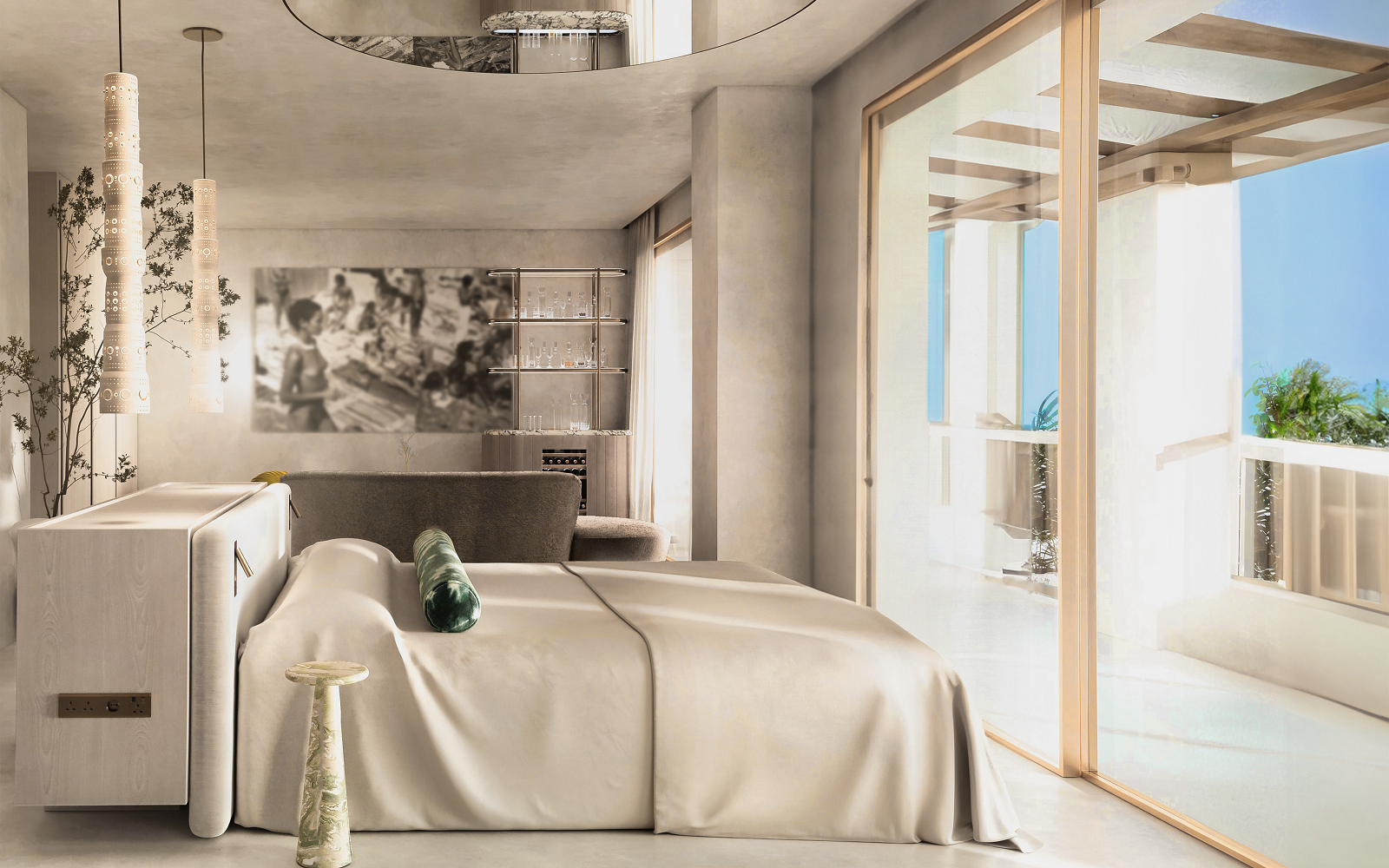 cream and monochrome bedroom design with sea view at Destino Five Ibiza