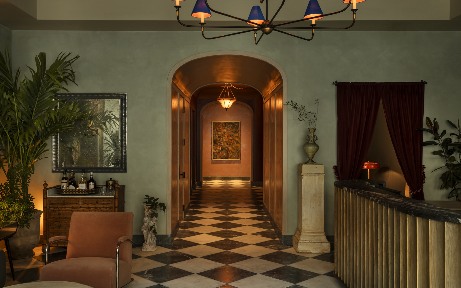 checked tile floor in lobby of The Nickel Charleston
