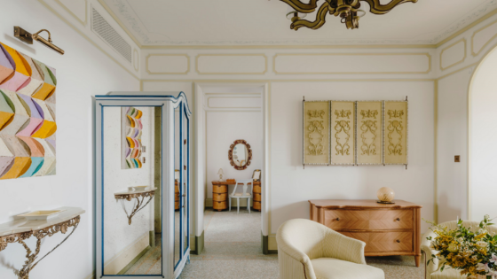 guestroom at Splendido hotel Portofino with art reflected in mirror