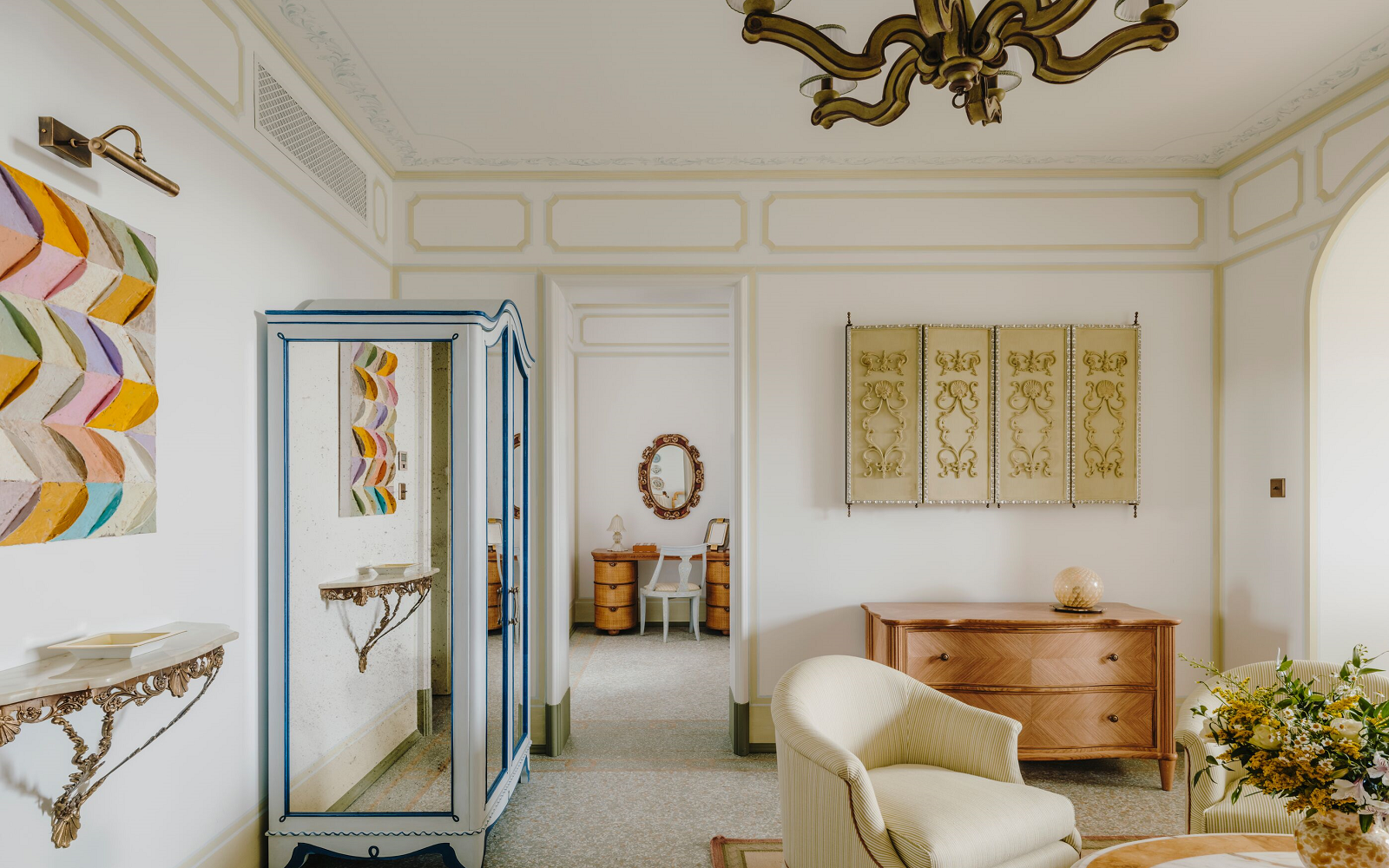 guestroom at Splendido hotel Portofino with art reflected in mirror