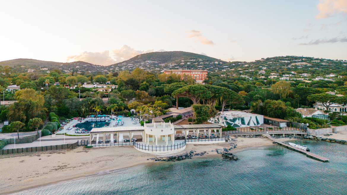 aerial view of Le Beauvallon beach club from the sea