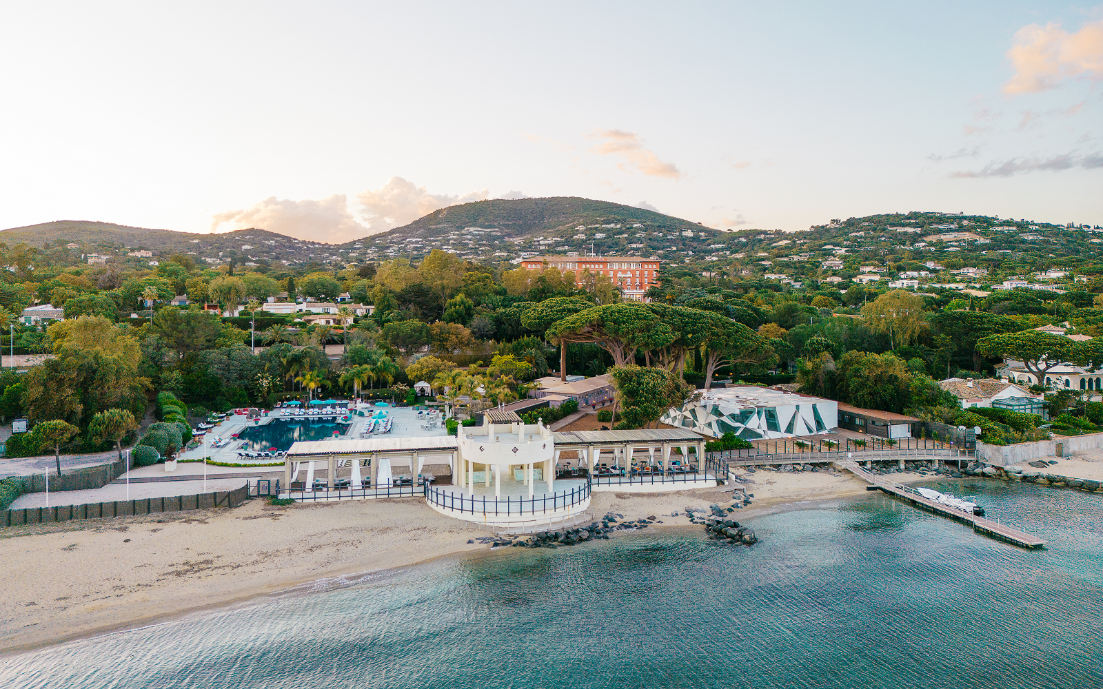aerial view of Le Beauvallon beach club from the sea
