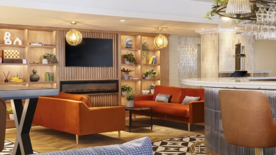 orange sofas and seating in hotel bar design by ABDA Design in voco Southampton