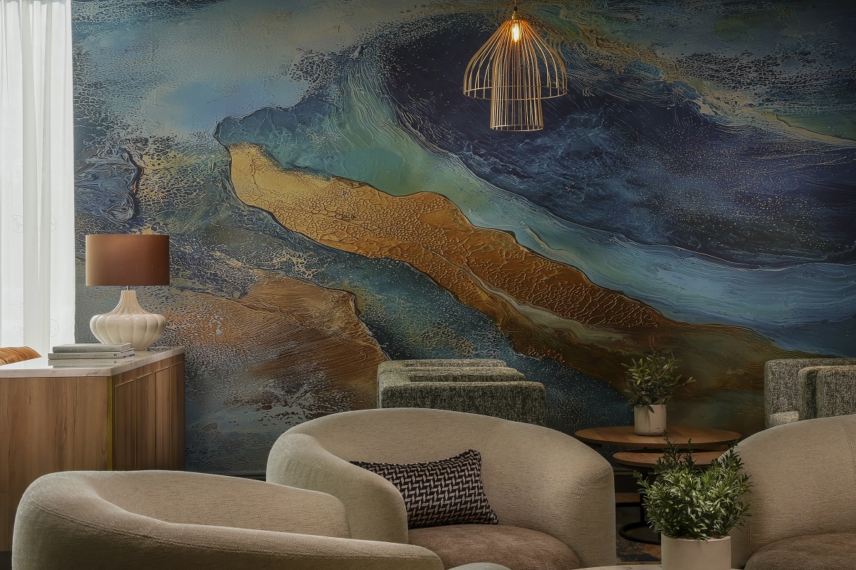 hotel lobby with sea inspired wallcovering