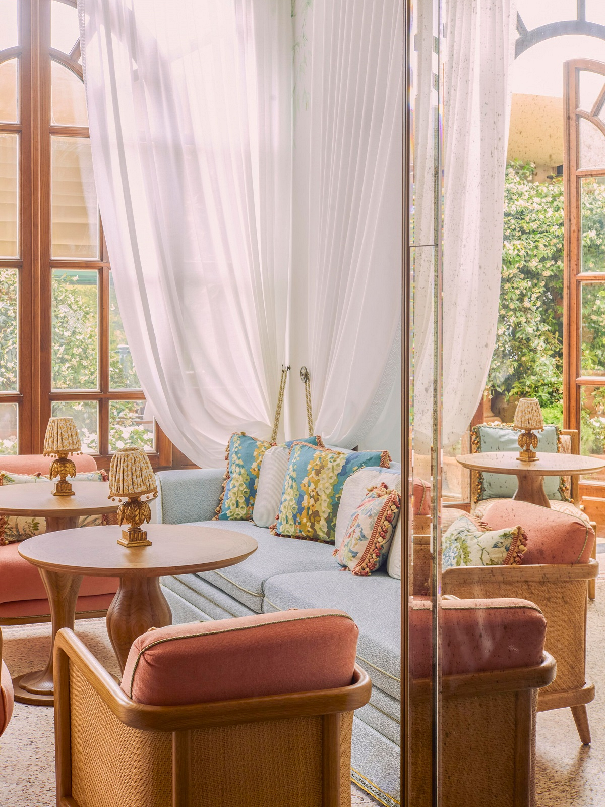 corner seating in pinks and blues at Splendido Portofino
