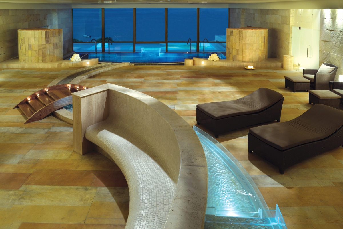 Stream flows through the interiors of the Six Senses Spa at Elounda Collection