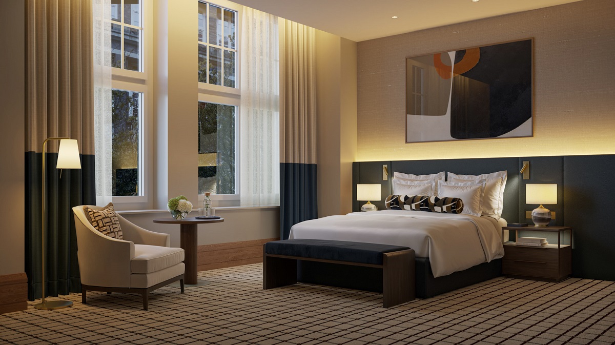 guest room in Conrad Hamburg with double bed below large contemporary art print