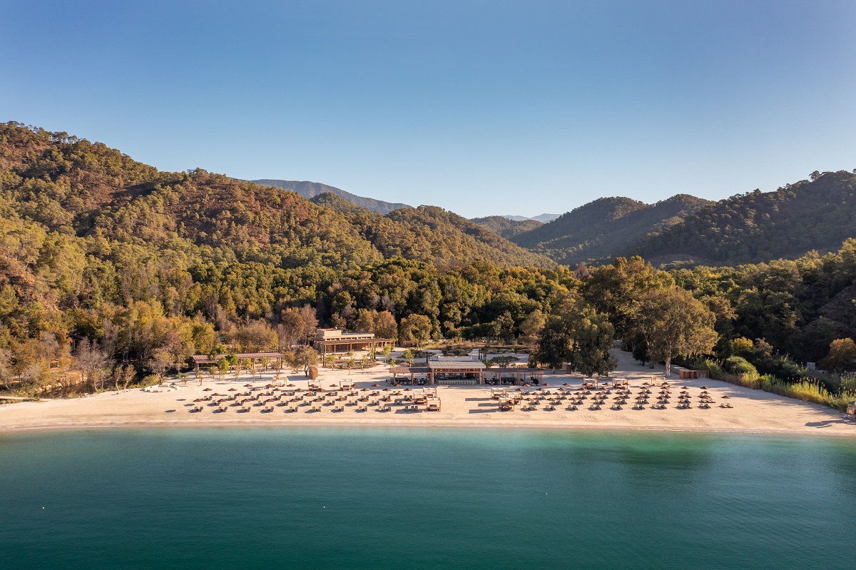 aerial view from the sea onto the beach at AHÃMA in Turkey