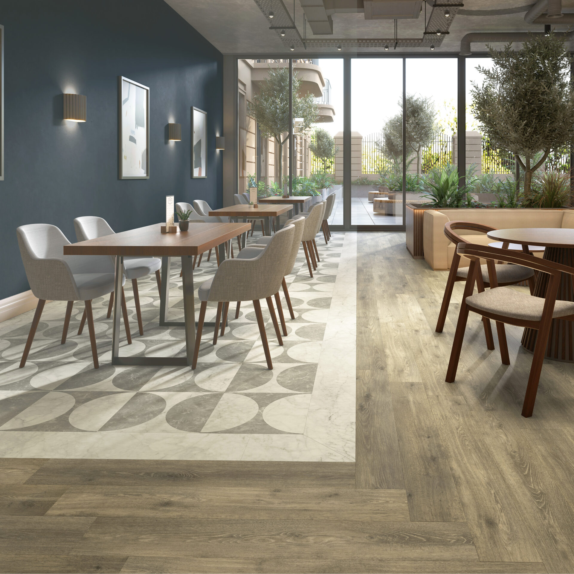 Amtico-DC563-Lune-Large-AR0SOM10-Onyx-Marble-AR0SCA37-Grigio-Classic-Marble-18x18-Uniform-Tile-Hamsterley-Oak