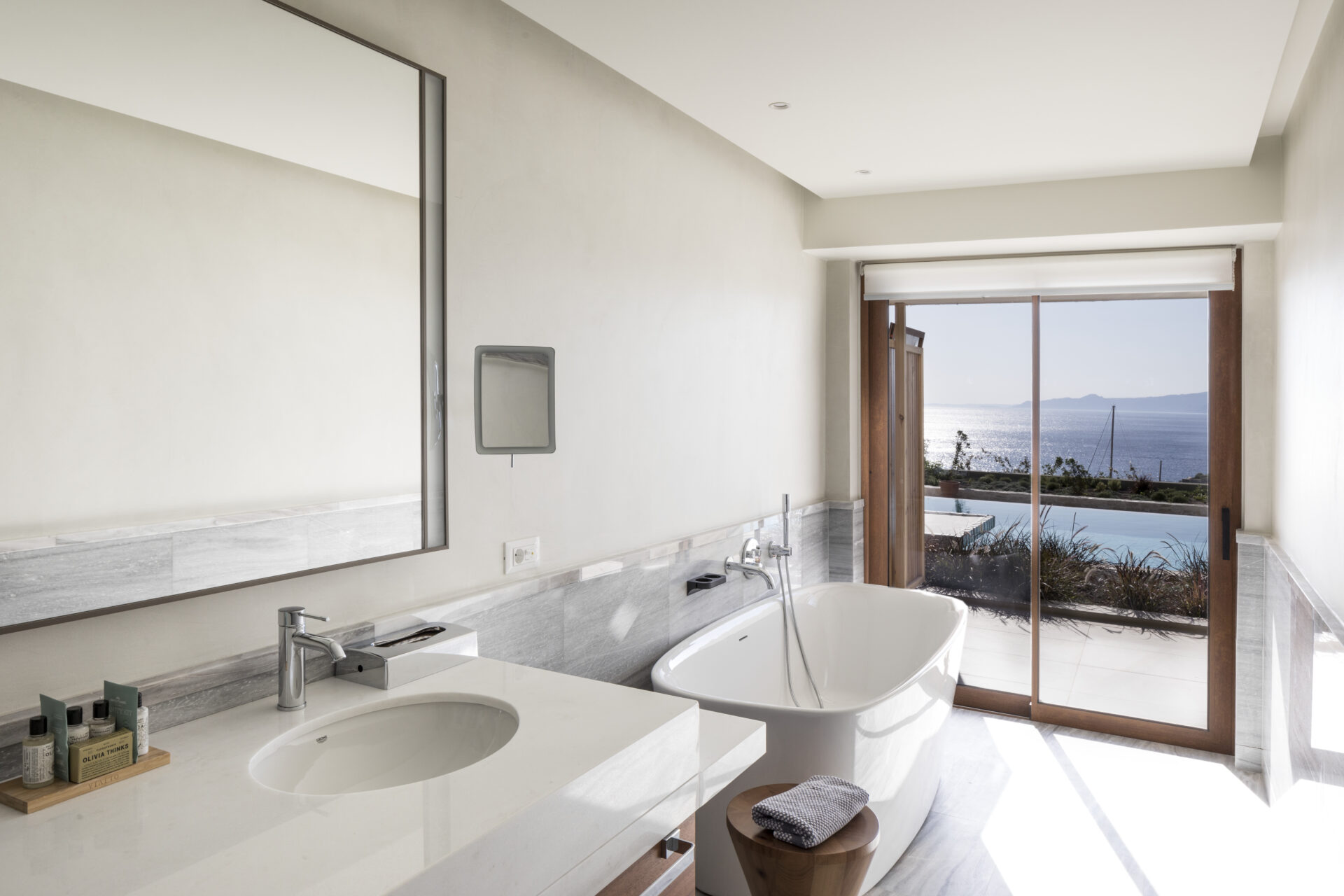Bathroom in new premium suites at Porto Elounda