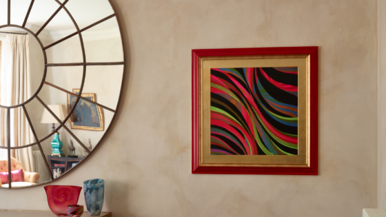 Richard Allan London scarf print framed on limestone-esque wall