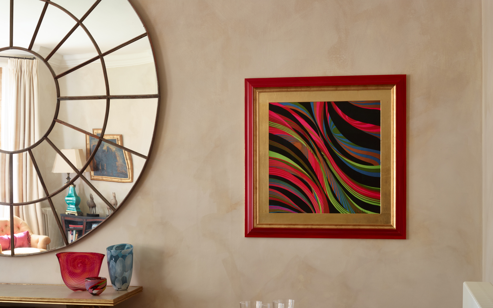 Richard Allan London scarf print framed on limestone-esque wall