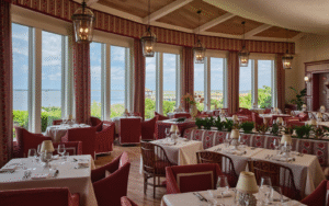 Restaurant area in burgundy colour at Sanderson Resort