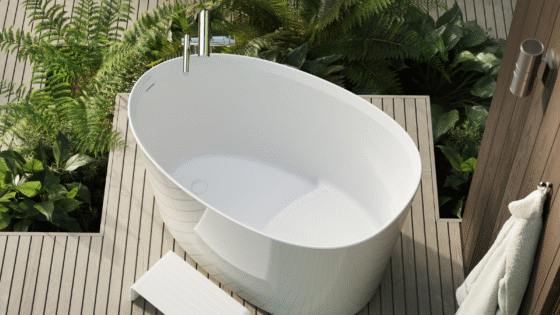 The Kerid bath in outdoor setting, on wooden platform