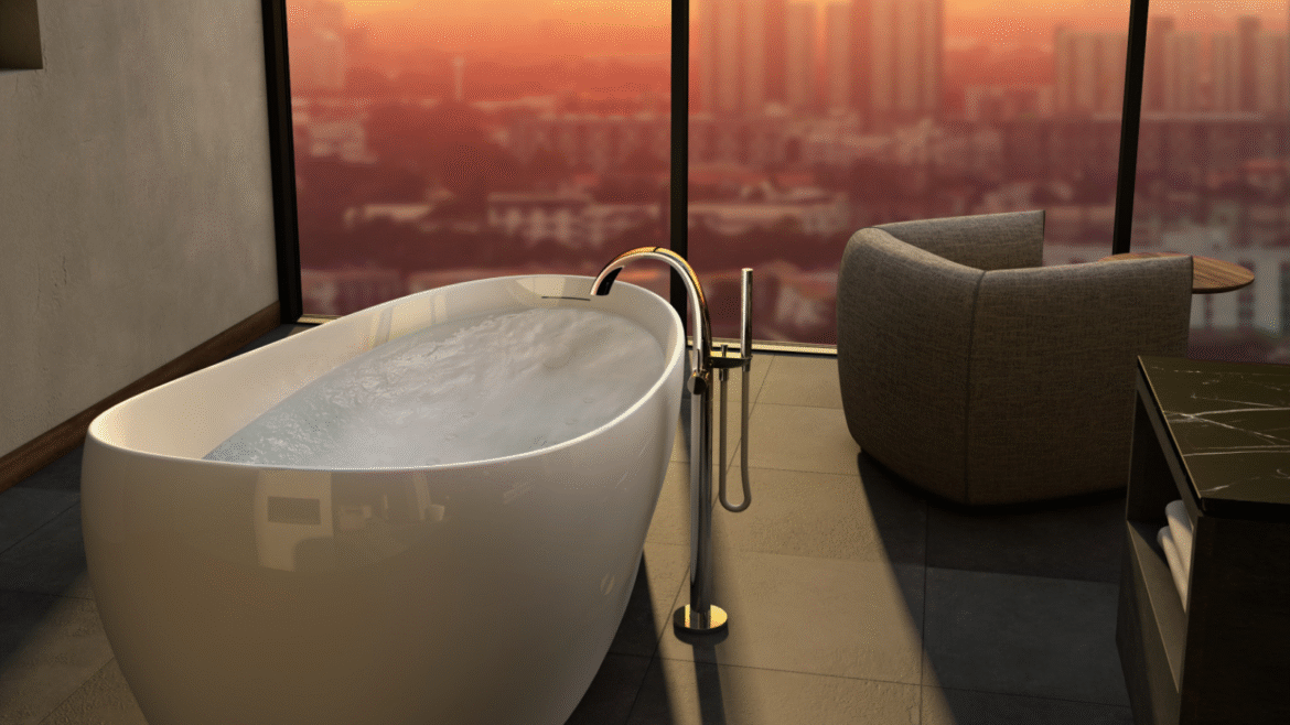 Bathroom by TOTO, with floatation tub overlooking cityscape through floor to ceiling glass window