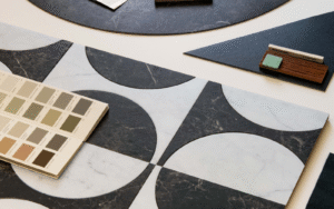 Black and white monochromatic tile look LVT hospitality flooring