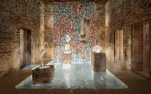 Mosaic wall and internal courtyard with water feature and white animal statues