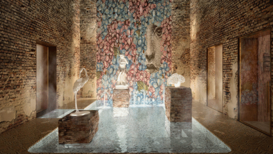 Mosaic wall and internal courtyard with water feature and white animal statues