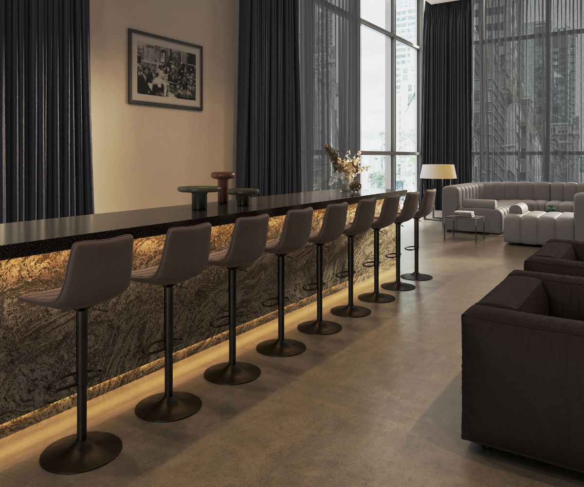 bar with row of bar stools alongside window with Galaxy fabric curtain from Sekers