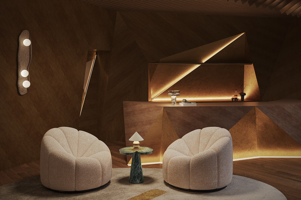two white chairs in wood clad room with faceted structural lighting in _HAUS_PRAVATE CLUB_