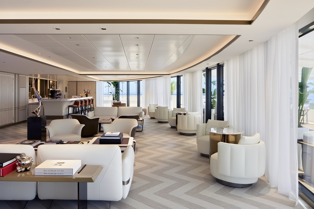 cream and white interior of bar and seating on ritz carlton yacht luminara