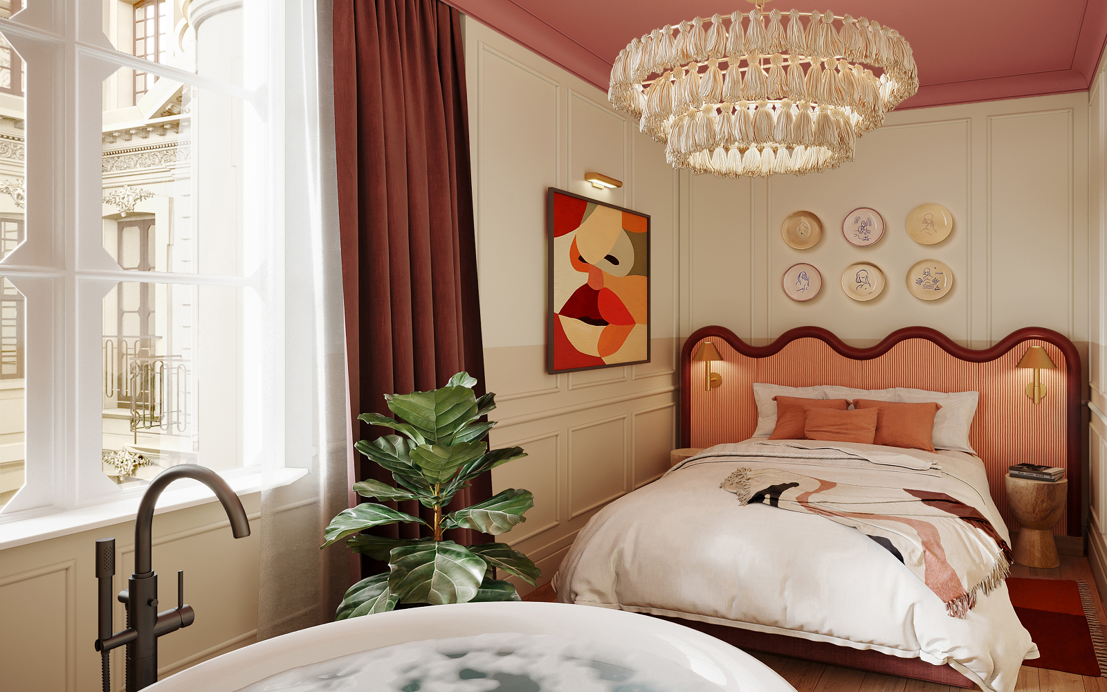 Bedroom in Le Jardin de Verre, designed by Fettle with mattress by Silentnight