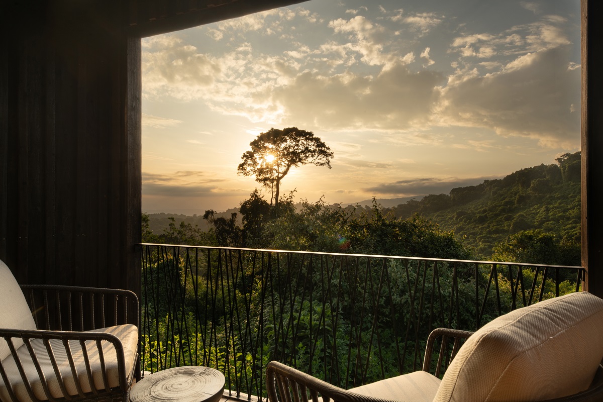 sunset view from two chairs on terrace over ngorongoro