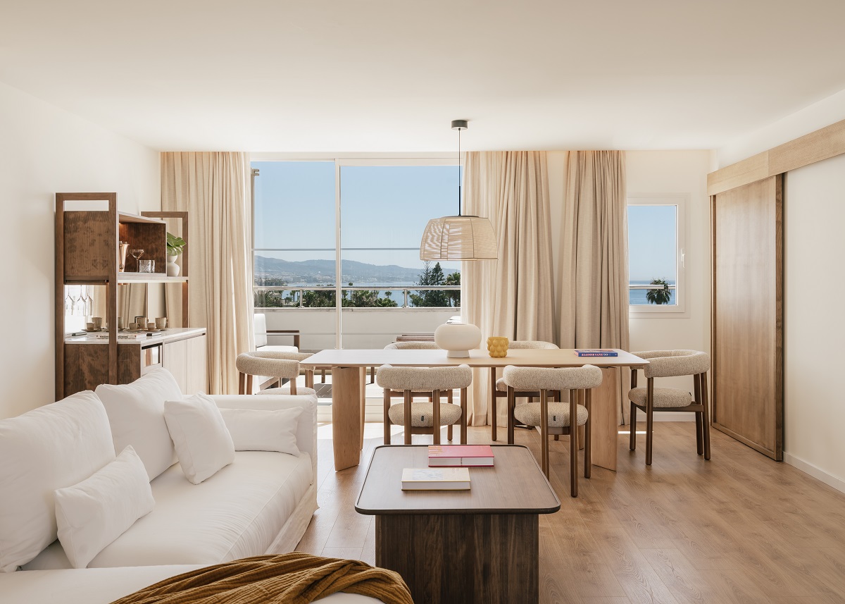white and wood interior design in hotel suite